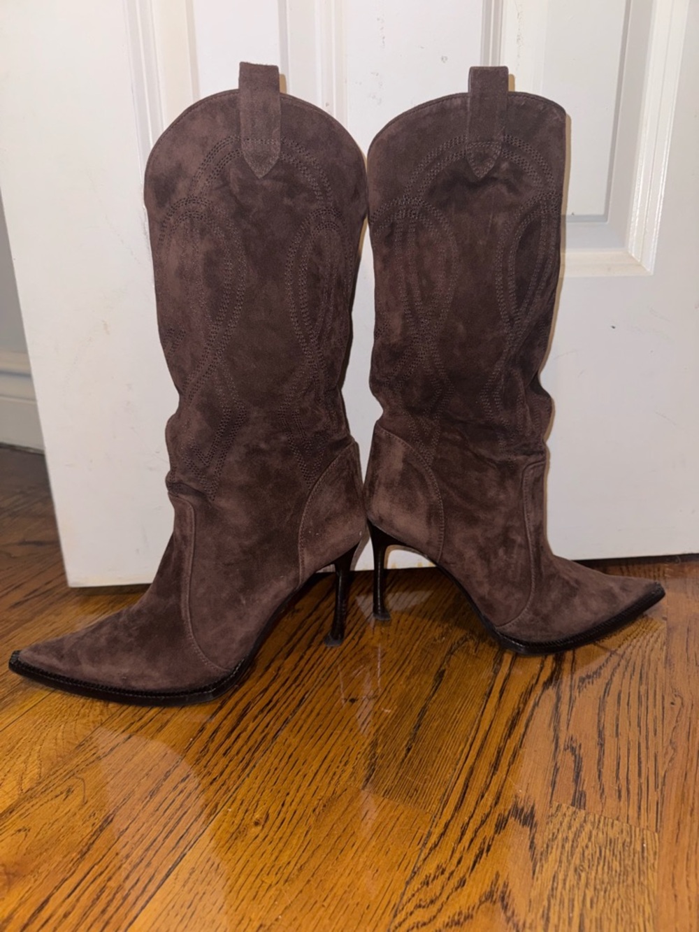 Women's Brown Suede Pointed-Toe Western High-Heel Boots - Picture 7 of 7